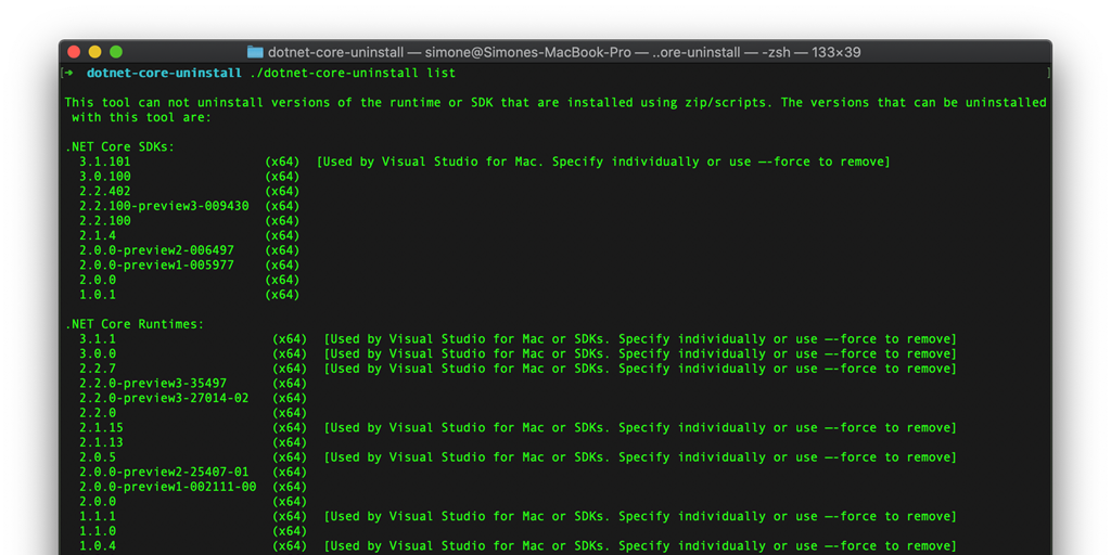 How to uninstall old versions of .NET Core